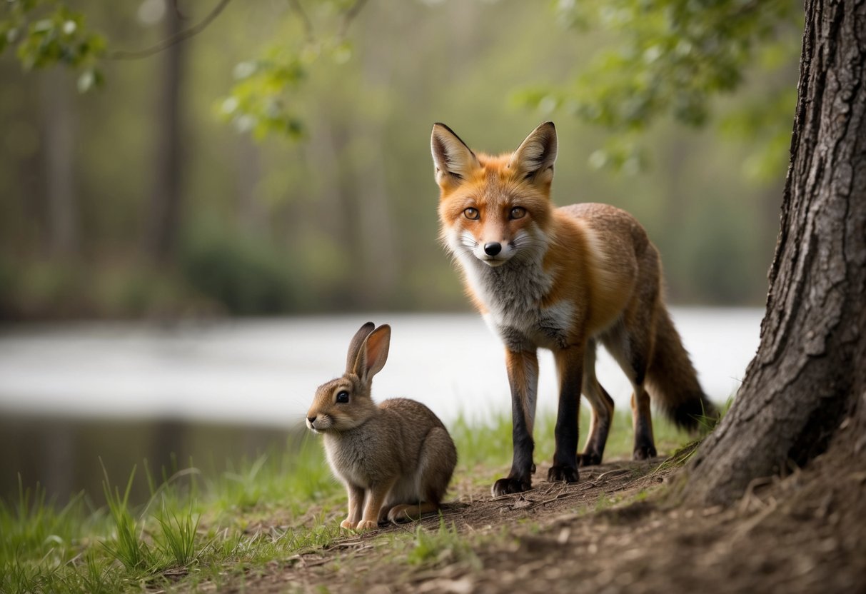 A fox cautiously watches from the edge of a forest, while a rabbit nibbles on grass nearby