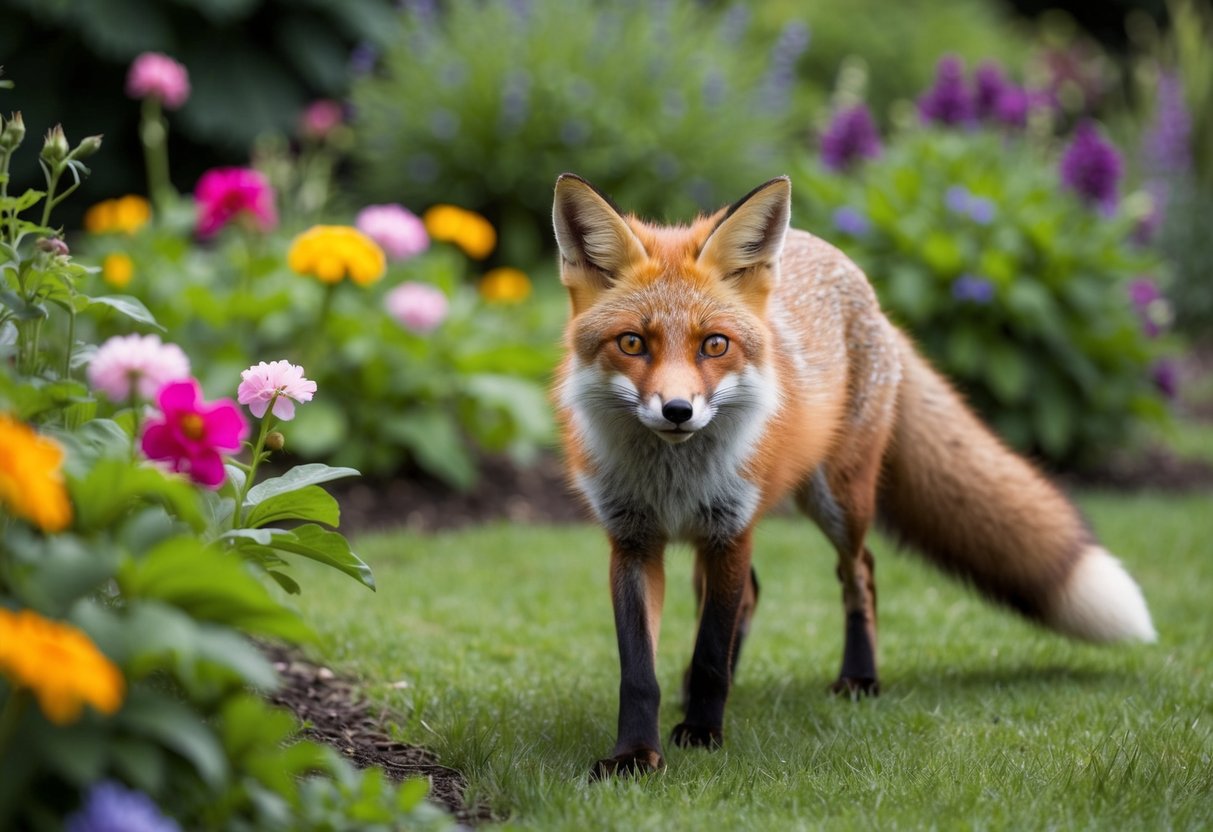A fox cautiously explores a lush garden, surrounded by vibrant flowers and greenery. Its piercing eyes and bushy tail convey a sense of curiosity and wild beauty