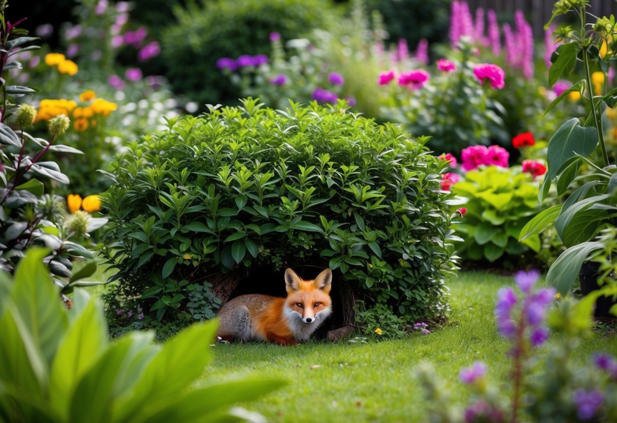 A lush garden with a small fox den nestled under a bush, surrounded by vibrant flowers and a variety of plants