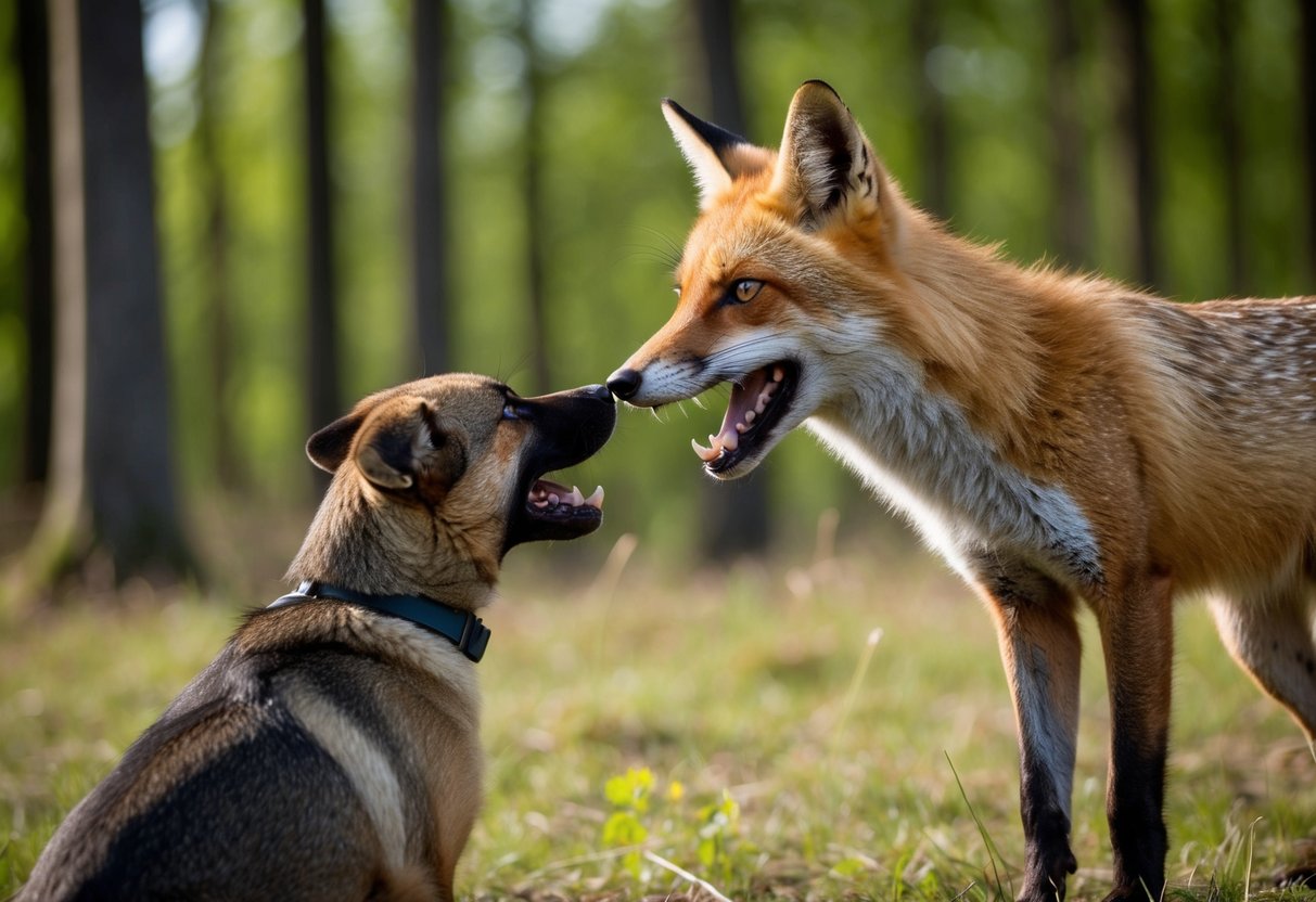 A fox bares its teeth at a wary dog in a forest clearing