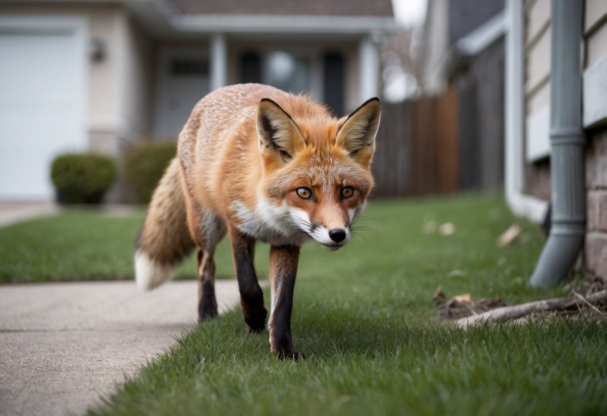 A fox lurks near a suburban house, its bright eyes fixed on the surrounding area as it cautiously moves through the yard