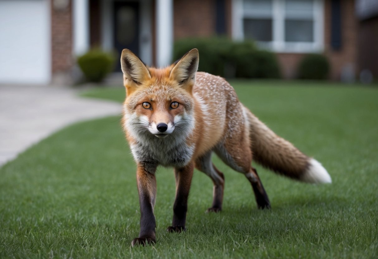 A fox cautiously prowls around a suburban house, its ears perked and eyes alert