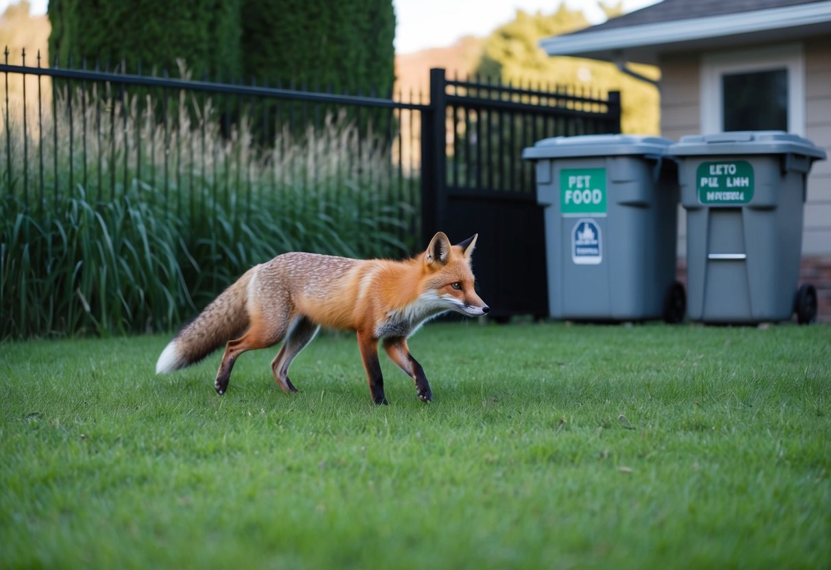 A fox is seen circling a fenced yard, with tall grass and bushes in the background. A locked garbage bin and secured pet food containers are visible near the house