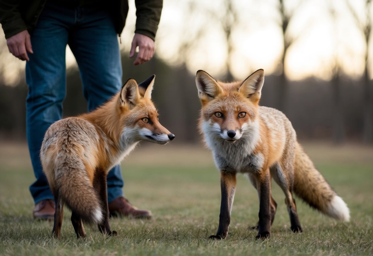 A fox cautiously approaches a person, standing still with a calm demeanor. The person avoids sudden movements, maintaining eye contact with the fox