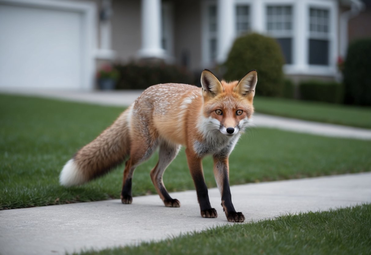 A fox prowls near a suburban house, its ears alert and eyes focused. The animal appears curious but cautious, with a bushy tail and sleek fur