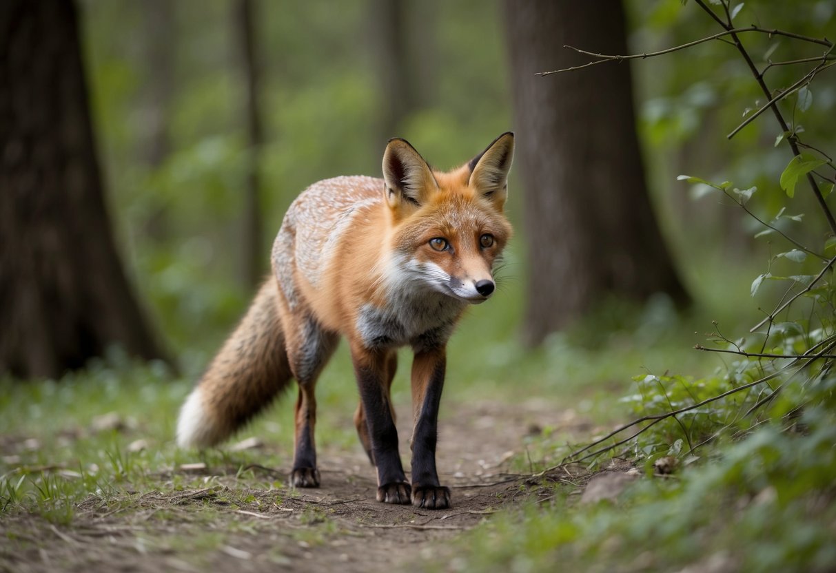 A fox cautiously approaches a wooded area, ears perked and tail held low