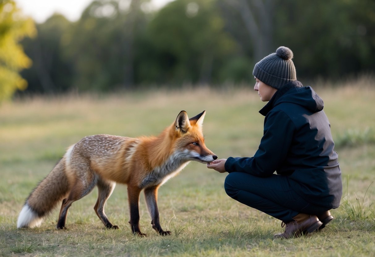 A fox approaches a person in a peaceful, natural setting. The person calmly observes the fox, maintaining a respectful distance