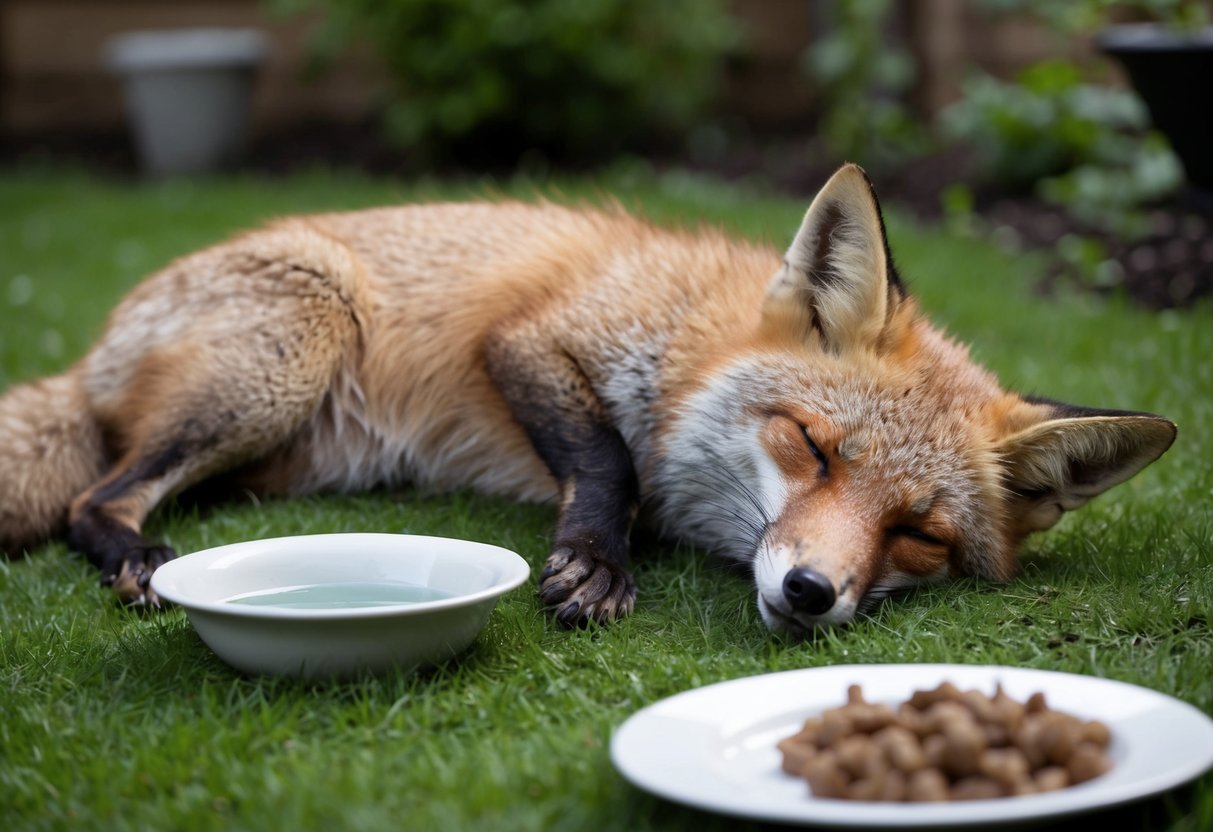 A fox lies lethargic in a garden, its fur matted and eyes half-closed. Nearby, a small bowl of water and a plate of food sit untouched