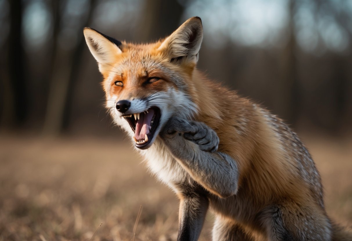 A fox with a pained expression, mouth open in a silent scream, clutching a wounded leg with its paw