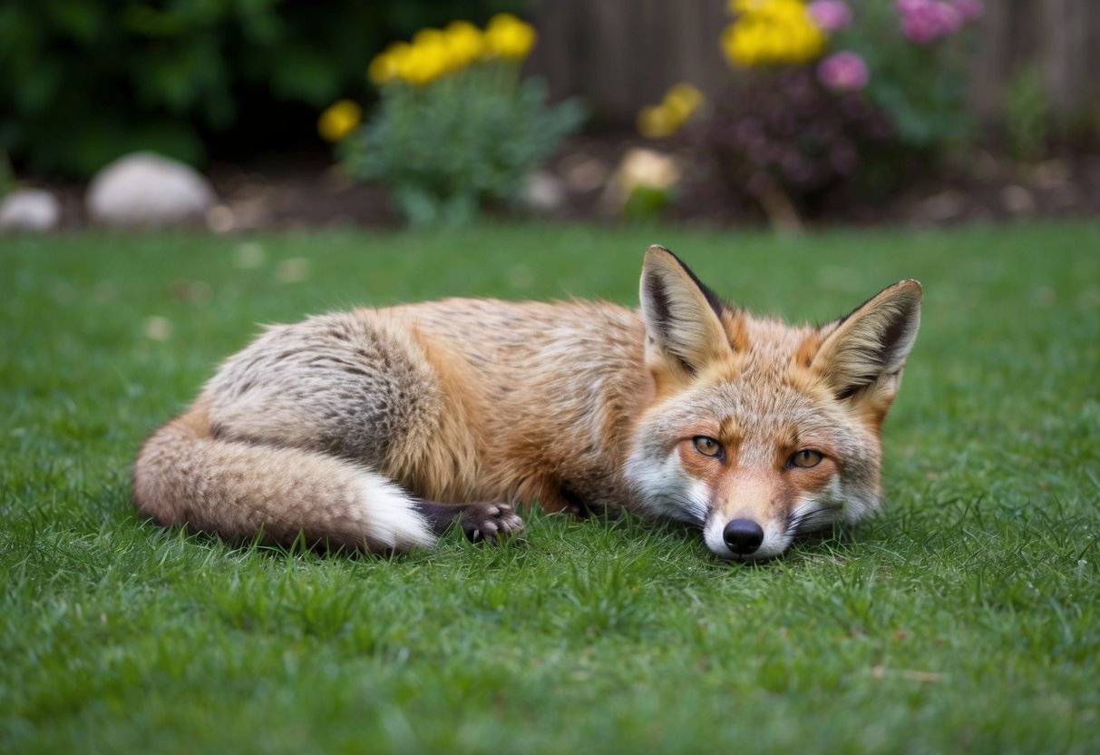 A sick fox lies in a garden, its fur matted and dull. Its eyes are half-closed, and it appears weak and lethargic
