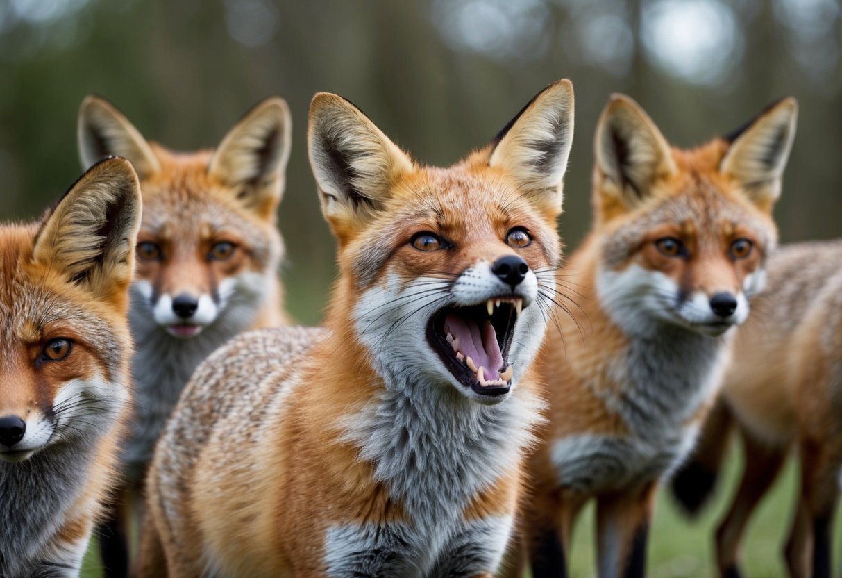 A fox with its mouth open in a high-pitched scream, surrounded by other foxes looking concerned and attentive