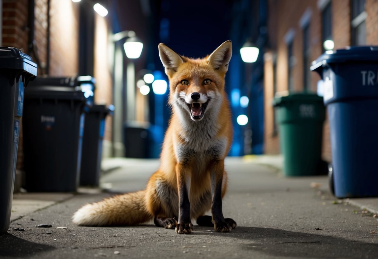 A fox with a wounded leg emits a piercing scream in an urban alleyway at night, surrounded by trash cans and dimly lit by street lamps