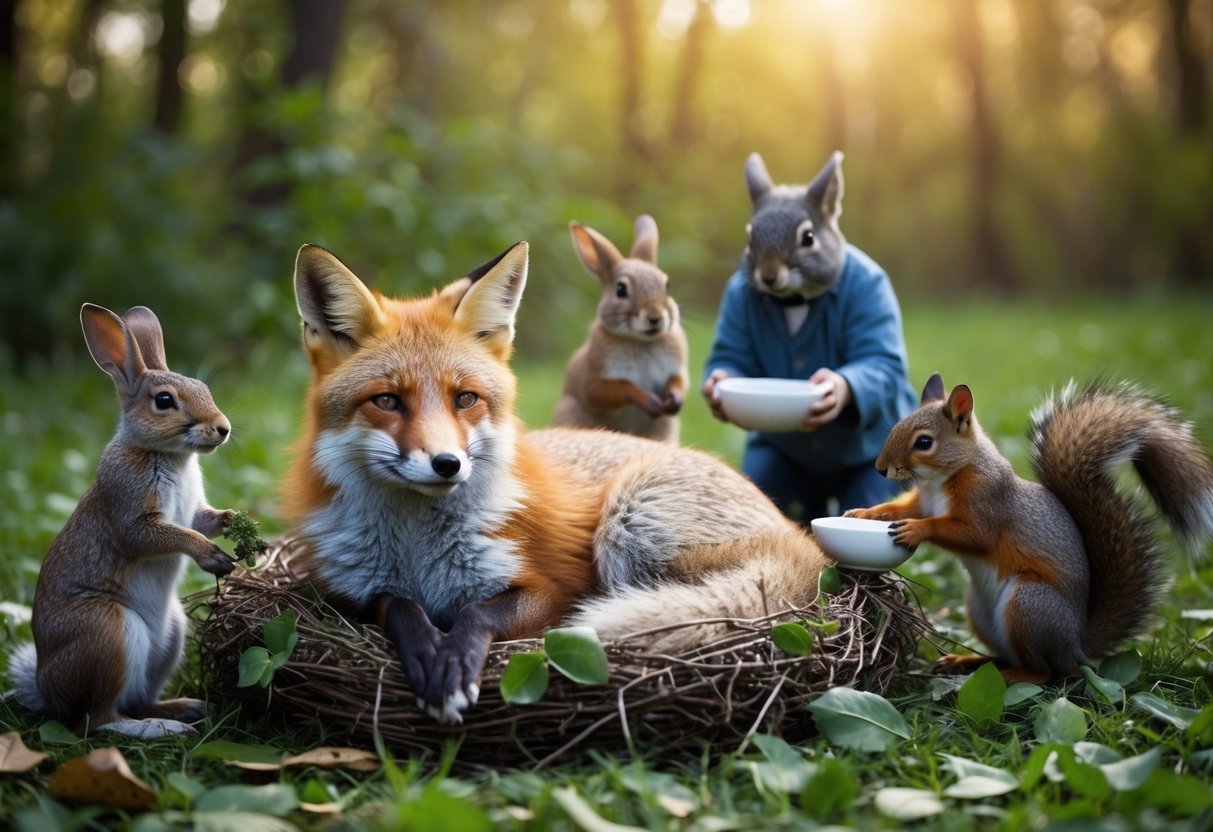 A fox lays in a cozy nest of leaves and grass, surrounded by a small group of concerned animals. A rabbit offers a healing herb, while a squirrel brings a bowl of fresh water