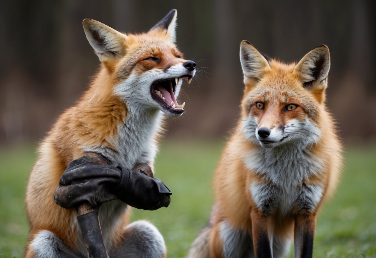A fox with a pained expression, mouth open in a silent scream, clutching a wounded limb with a concerned look from another fox nearby