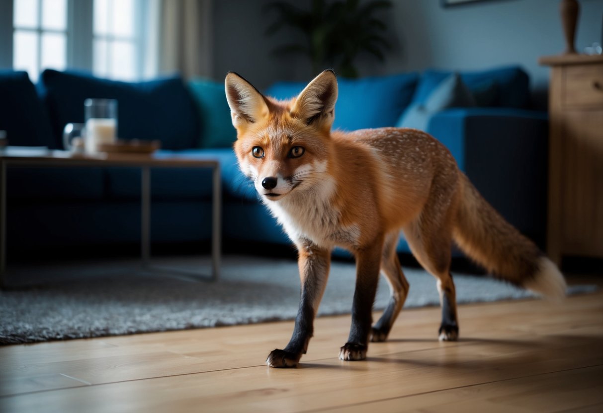 A fox cautiously enters a dimly lit living room, its ears perked and eyes scanning for any signs of danger