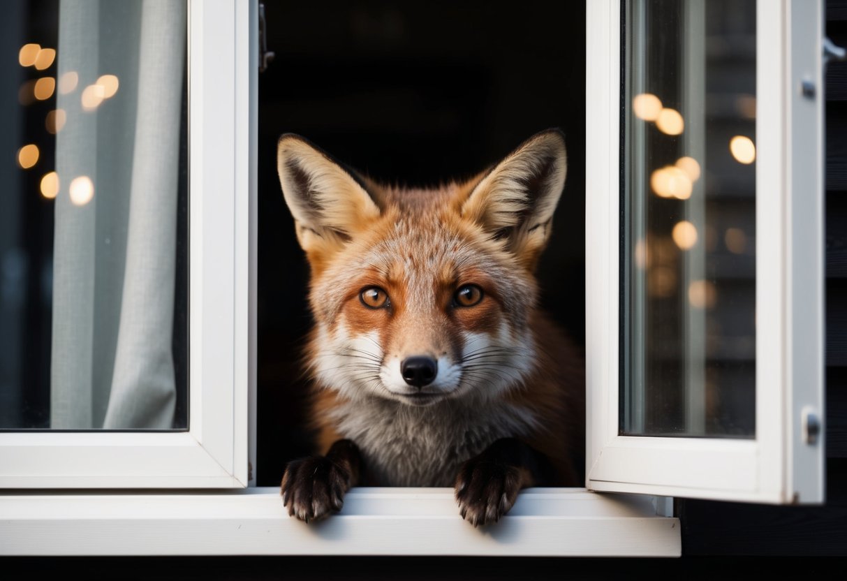 A curious fox peers through an open window, drawn by the scent of food and warmth emanating from the cozy human residence