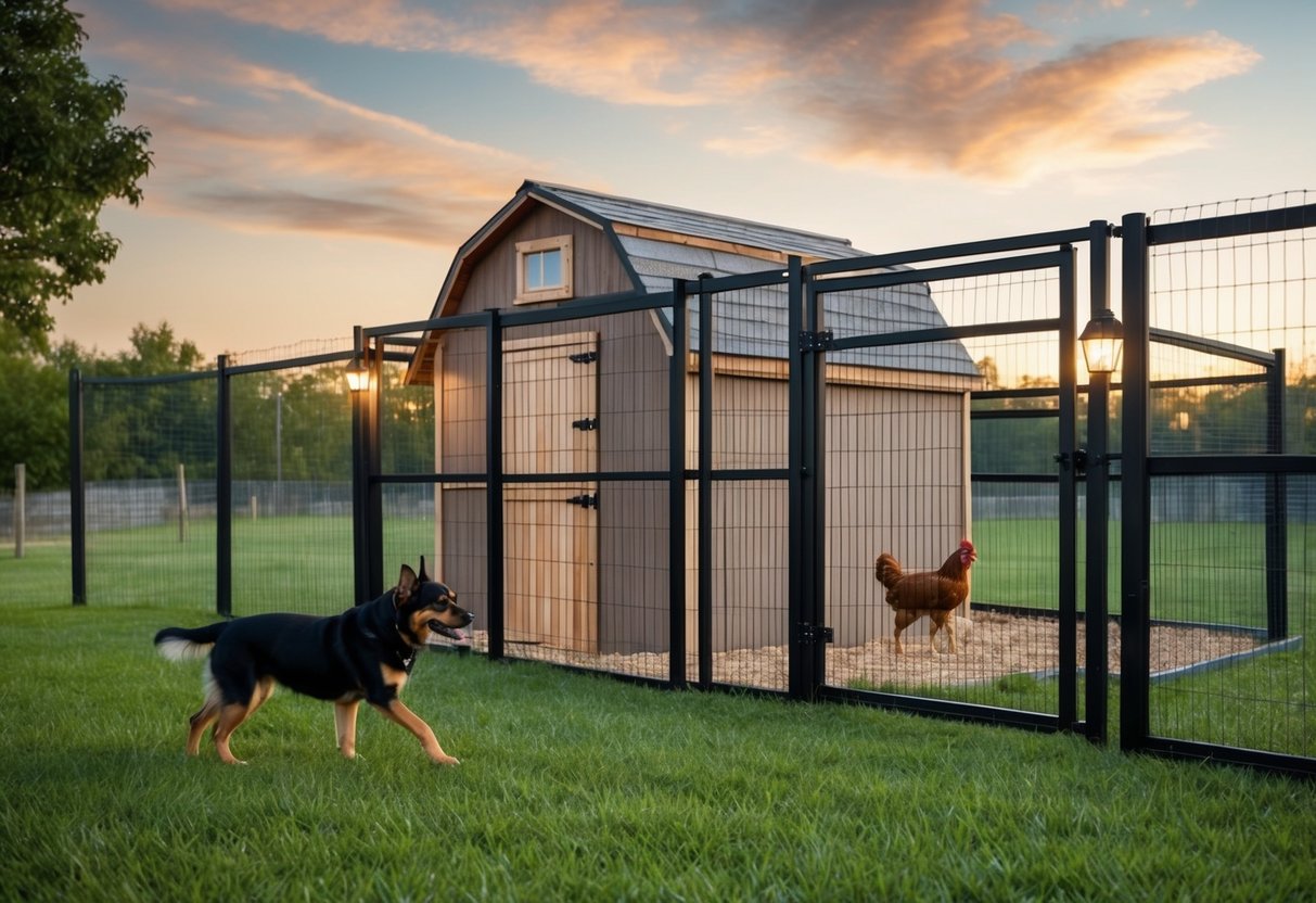A sturdy fence surrounds a secure chicken coop, with motion-activated lights and a guard dog on patrol
