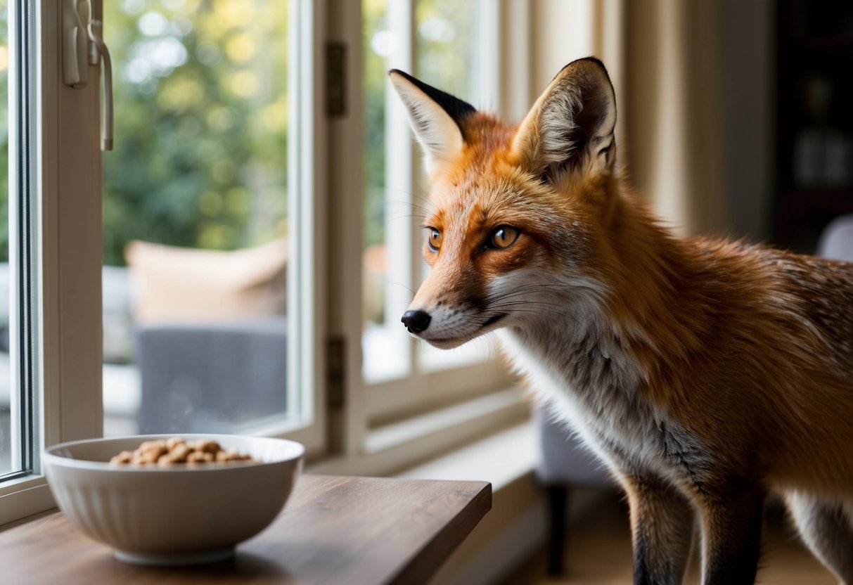 A fox peers through an open window into a cozy living room, its eyes fixed on a bowl of food left unattended on the coffee table