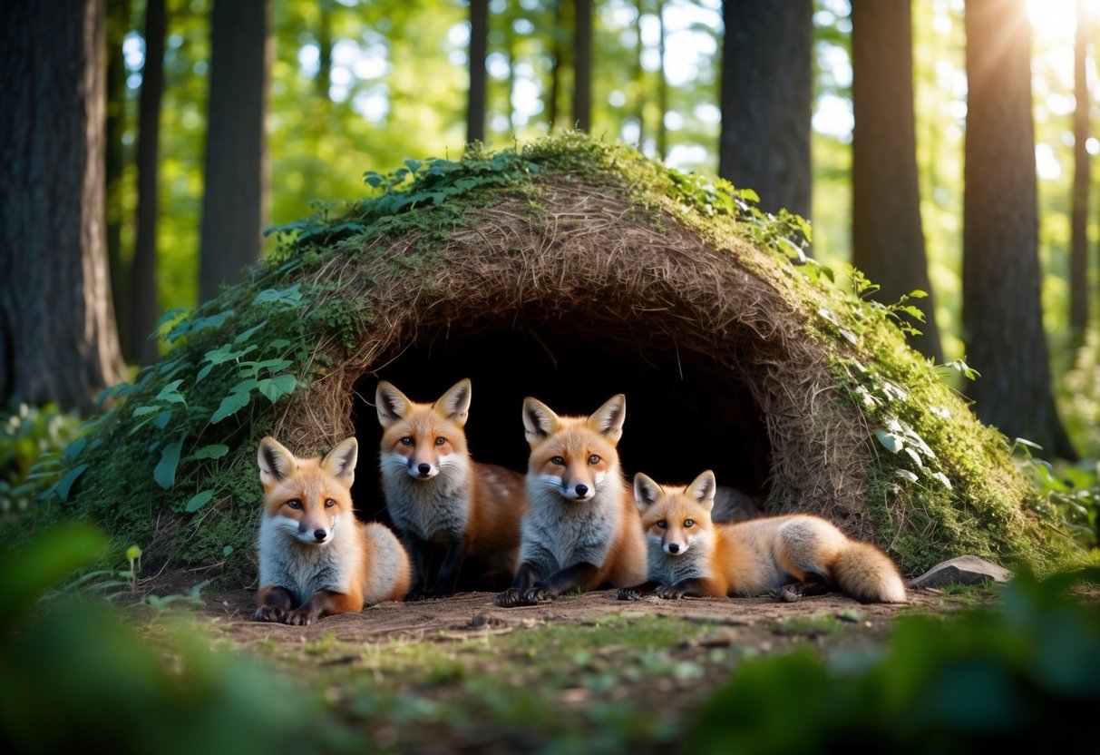 A cozy burrow nestled within a lush forest, surrounded by tall trees and dappled sunlight. A family of foxes lounges outside, basking in the warmth of their den