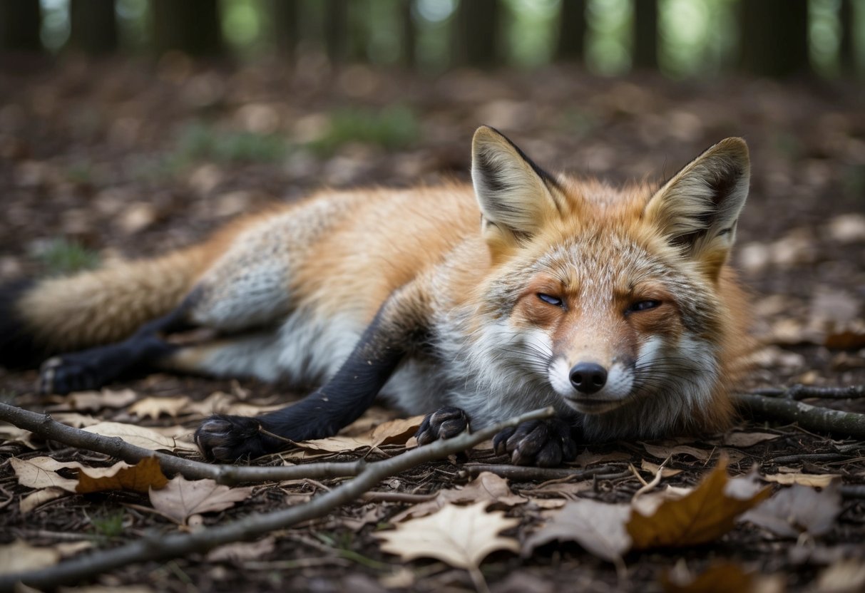 A dead fox lies on the forest floor, surrounded by fallen leaves and twigs. The animal's fur is matted and its eyes are closed, indicating its lifeless state