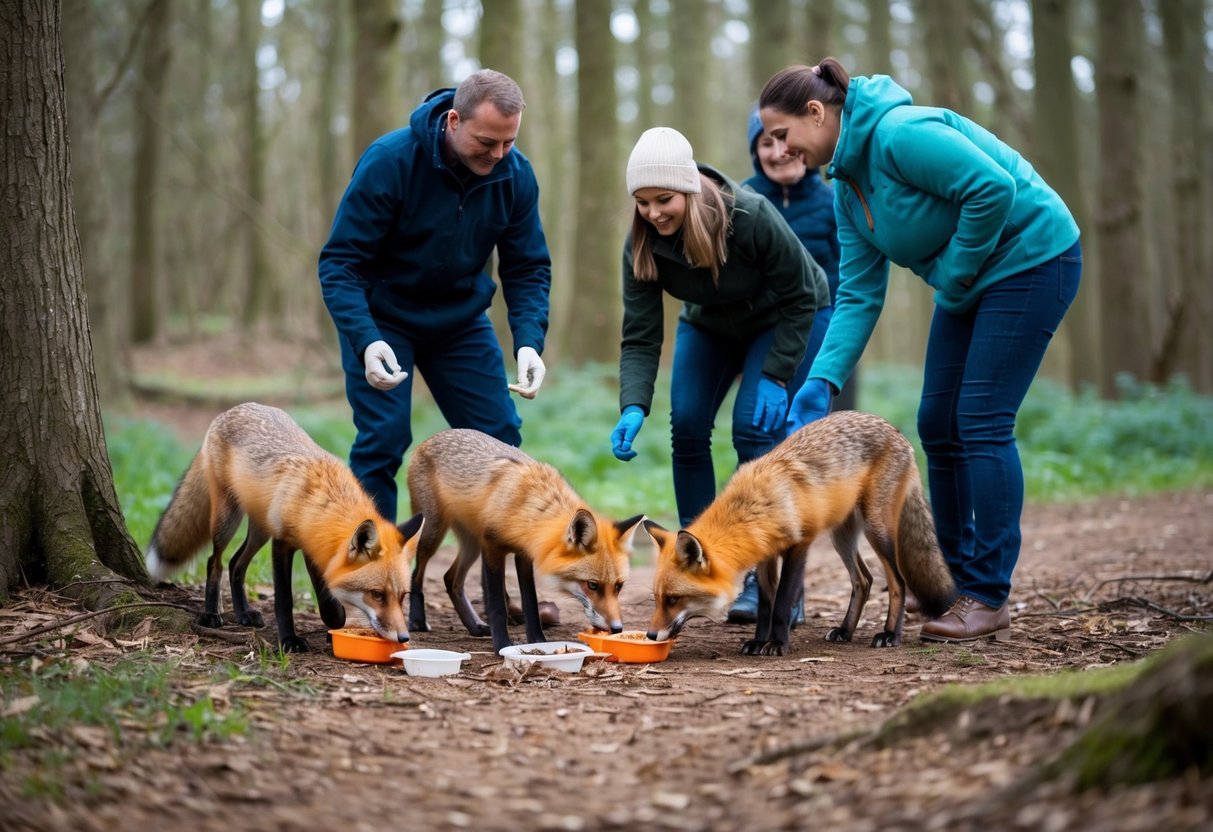 A group of people leaving food out for a family of foxes in a wooded area. The foxes cautiously approach and eventually eat the food