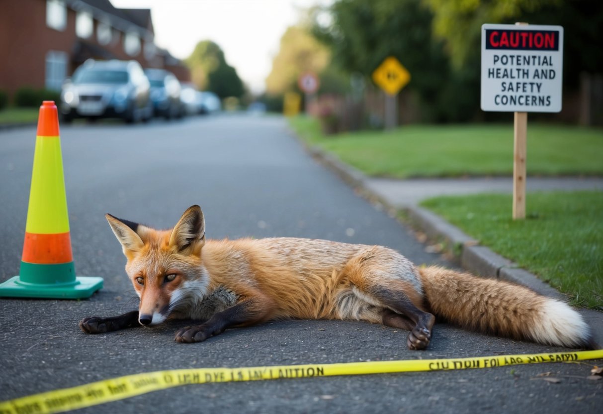 A dead fox lies on the ground near a residential area, with caution tape and a sign indicating potential health and safety concerns