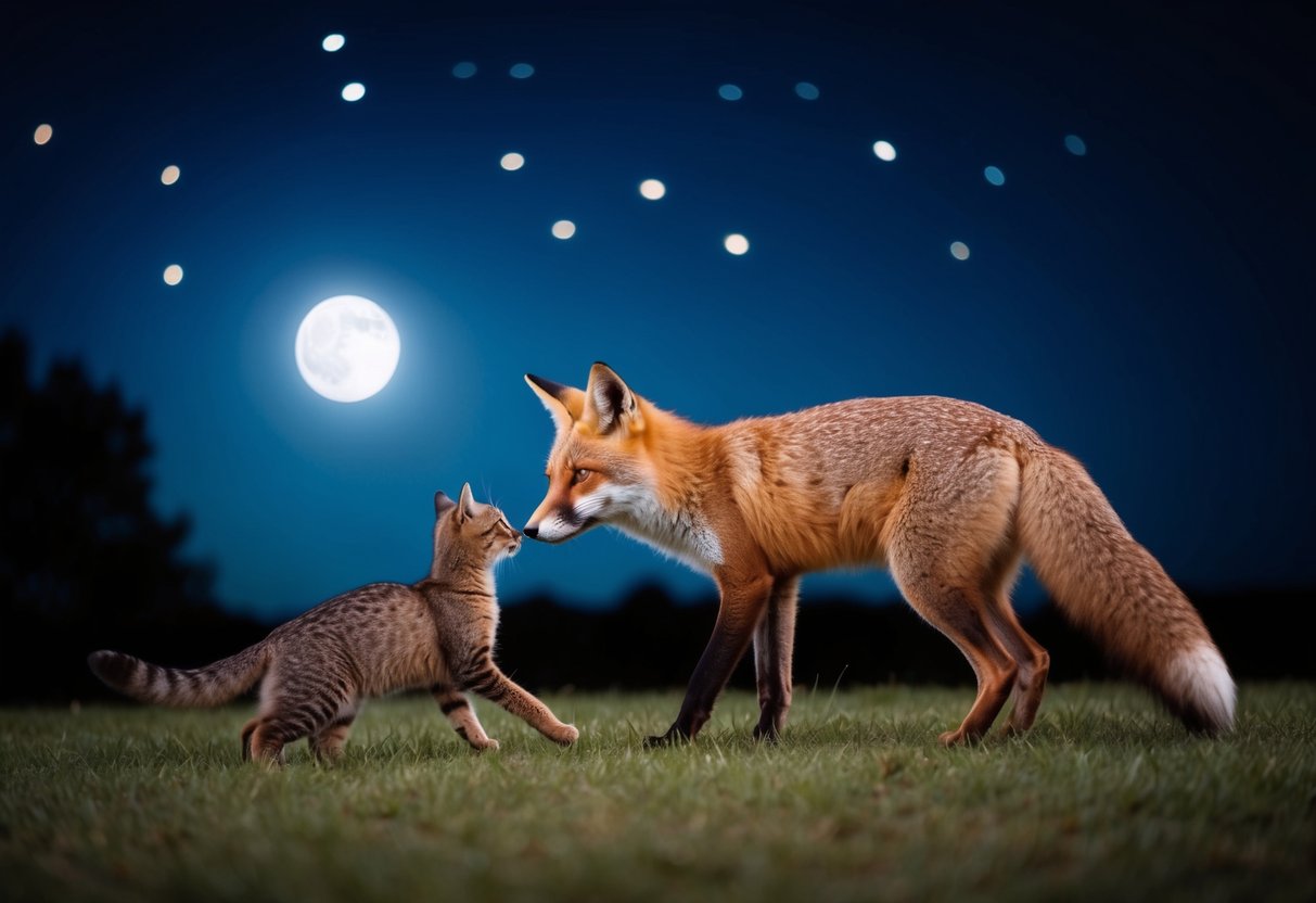 A fox stalking a cat under the moonlit night