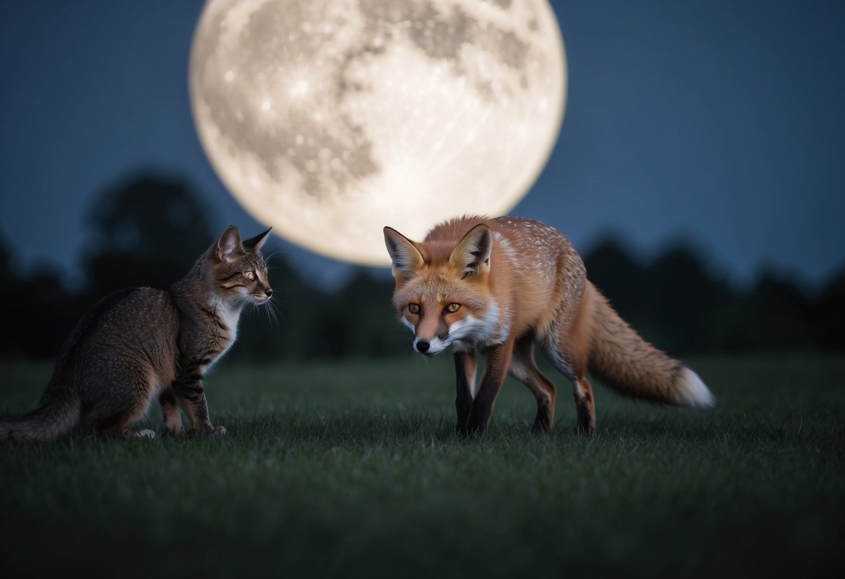 A fox prowls in the moonlit night, eyeing a domestic cat from the shadows