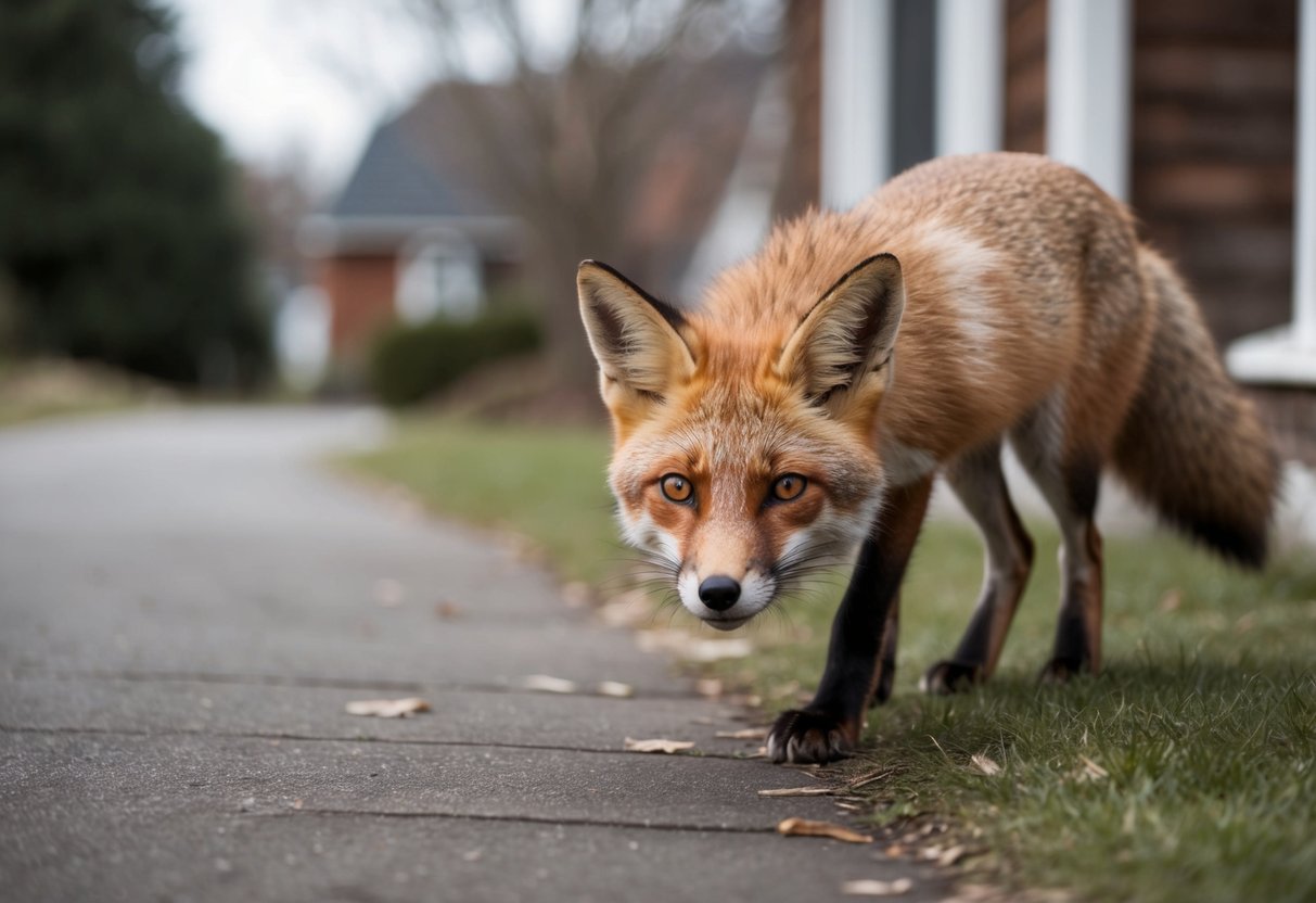 A fox lurks near a cozy house, its eyes fixed on the surroundings, ears perked up, ready to pounce or flee