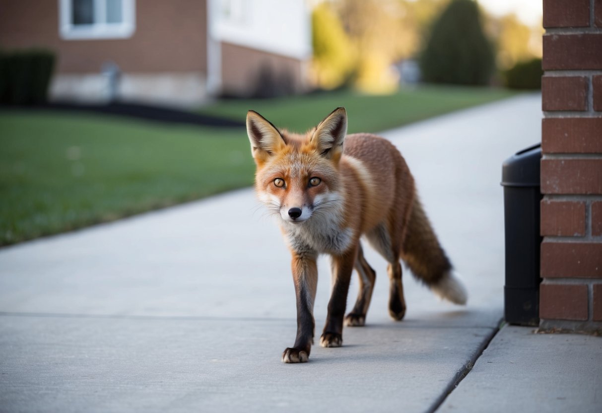 A fox cautiously approaches a suburban house, ears alert and eyes scanning for food or shelter