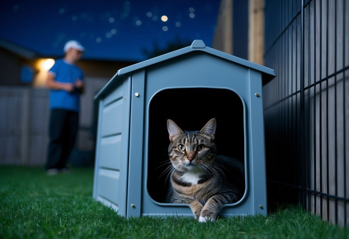 A cat sheltered inside a sturdy, fenced-in enclosure at night, while a vigilant owner keeps watch nearby