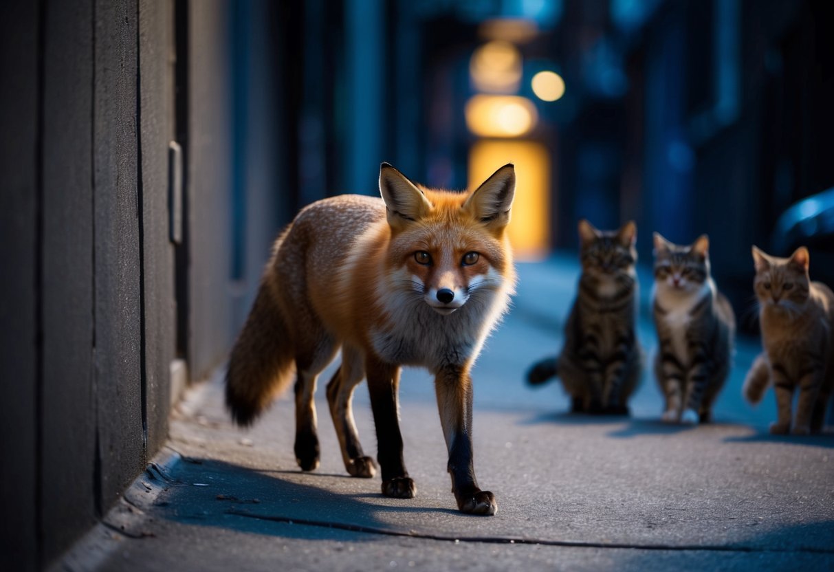 A fox prowls through a dimly lit urban alley, its eyes gleaming as it watches a group of cats cautiously from the shadows