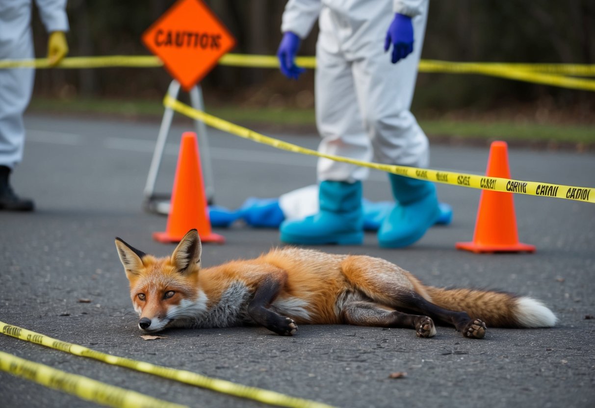 A dead fox lies on the ground, surrounded by caution tape and warning signs. Animal control workers in hazmat suits remove the carcass