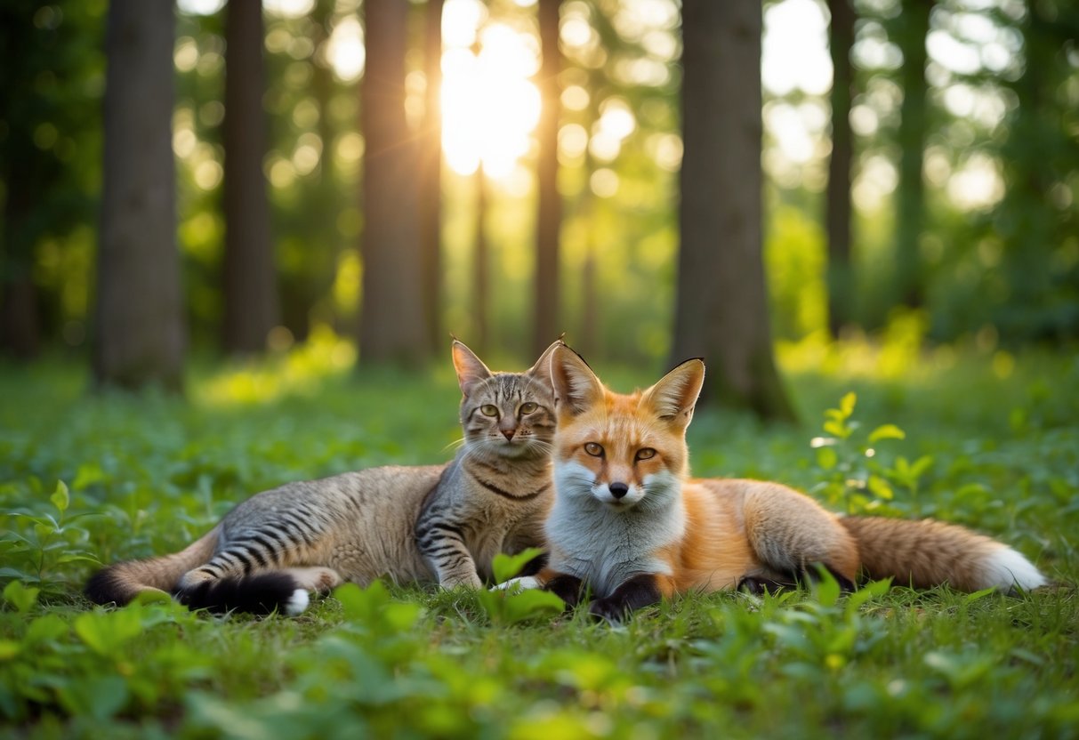 A cat and a fox peacefully coexist in a lush forest clearing, both animals lounging in the warm sunlight filtering through the trees