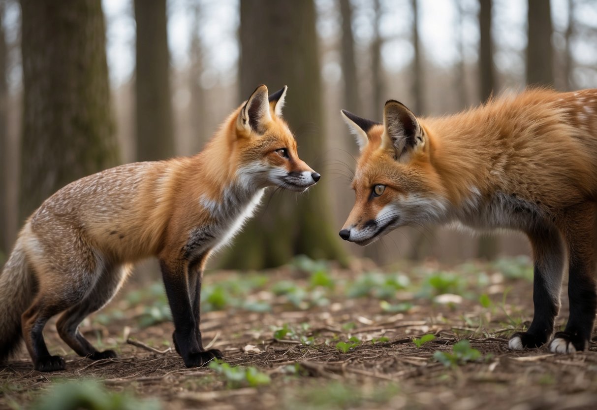 A fox and a cat cautiously approach each other in a wooded area, their body language indicating curiosity and potential companionship