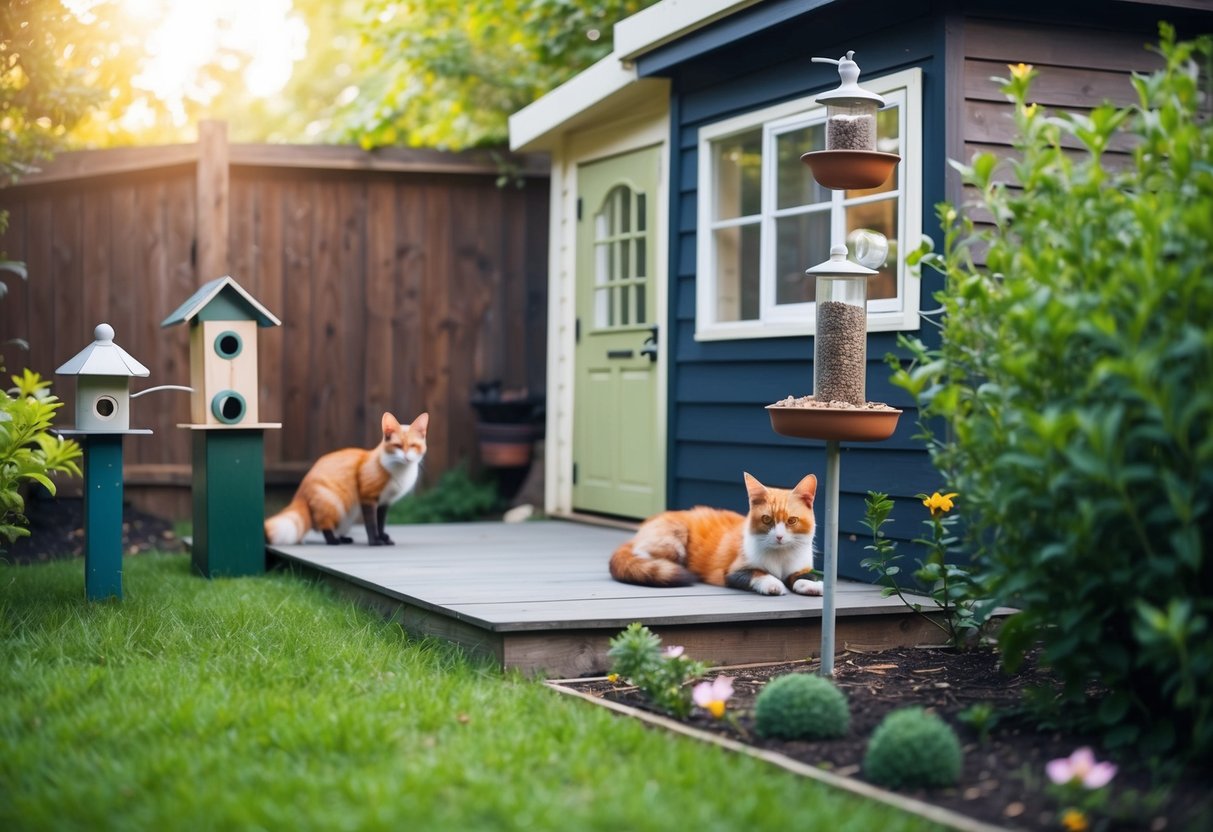 A cozy backyard with a garden, bird feeders, and a small shed. A cat lounges on the porch while a curious fox peeks out from behind a bush