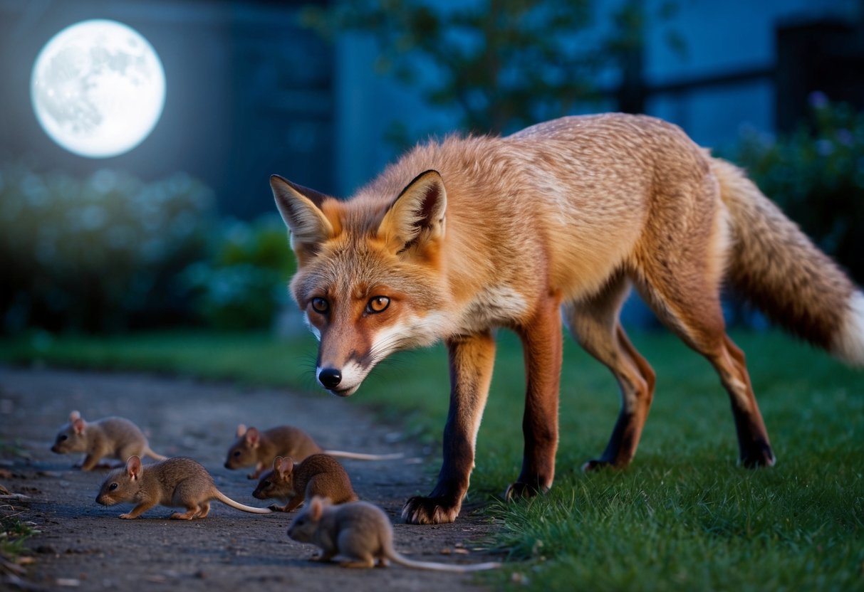 A fox prowls through a moonlit garden, its eyes fixed on a group of mice scurrying across the ground