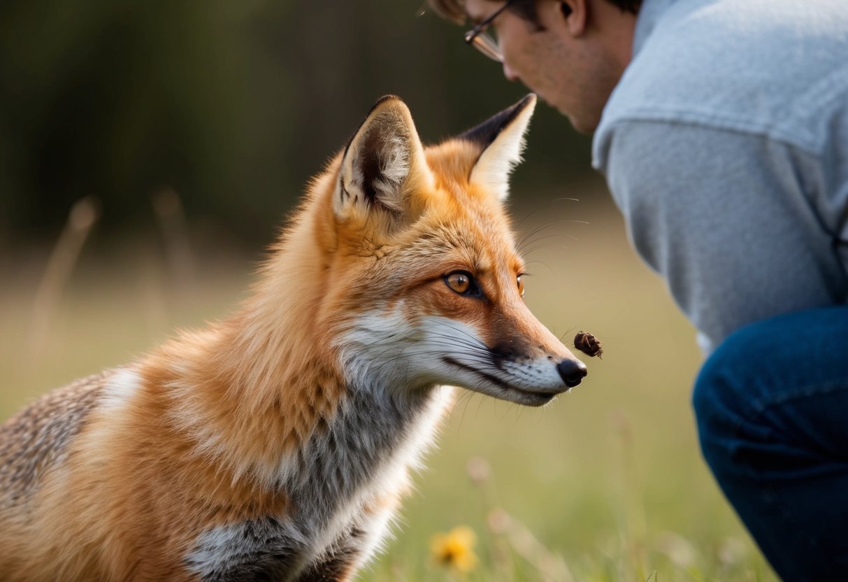 A fox cautiously approaches a person, sniffing the air with curiosity and recognition in its eyes