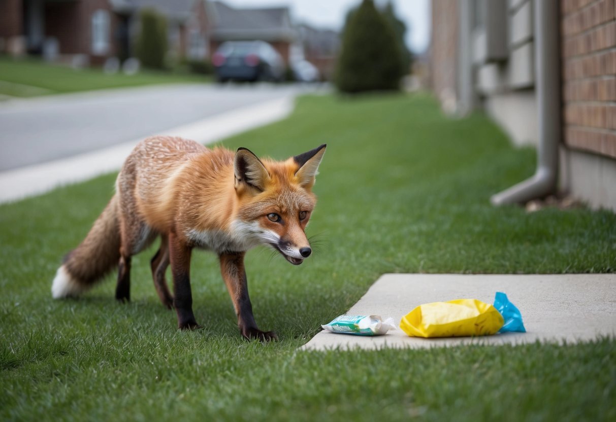 A fox cautiously approaches a suburban backyard, eyeing a discarded food wrapper. Nearby, a housing development encroaches on its natural habitat
