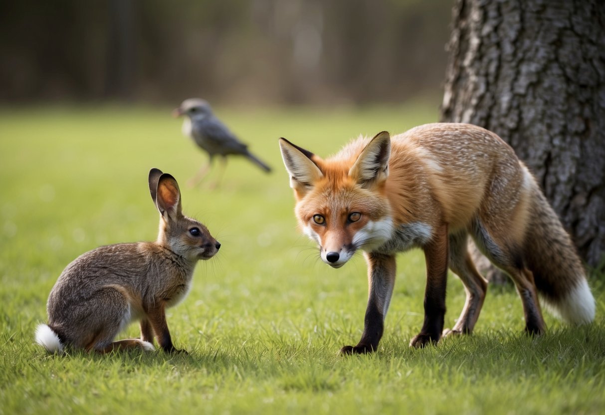 A fox cautiously approaches a rabbit, its ears perked up, while a bird watches from a nearby tree