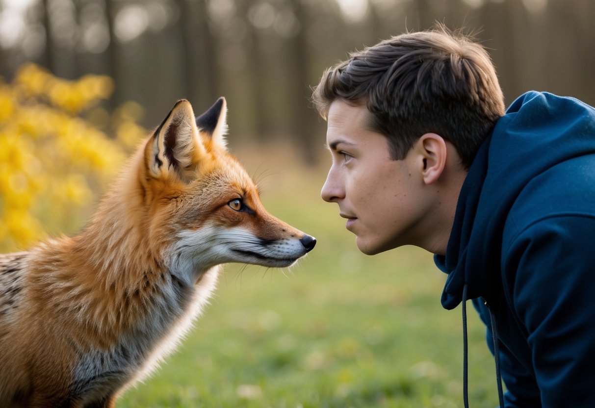A fox and a person stand face to face, looking into each other's eyes with curiosity and recognition