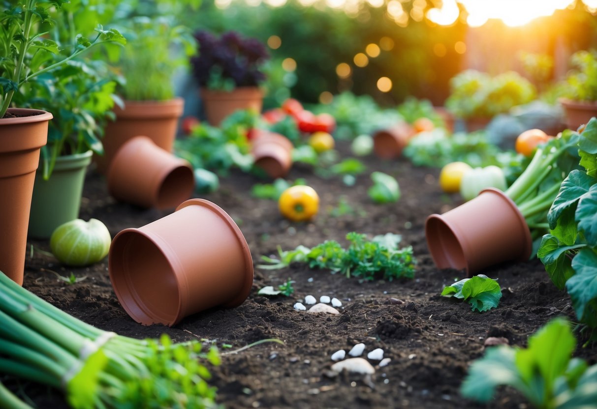 A garden with overturned pots, scattered vegetables, and paw prints in the soil