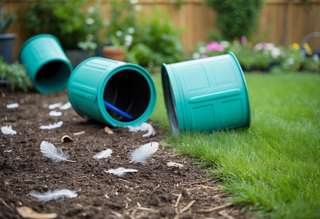 A garden with overturned trash cans, scattered bird feathers, and paw prints in the soil