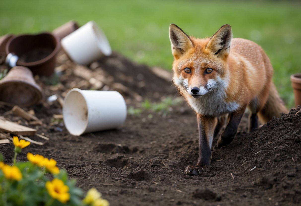 A fox's paw prints in the soil next to overturned flower pots and a scattered compost pile
