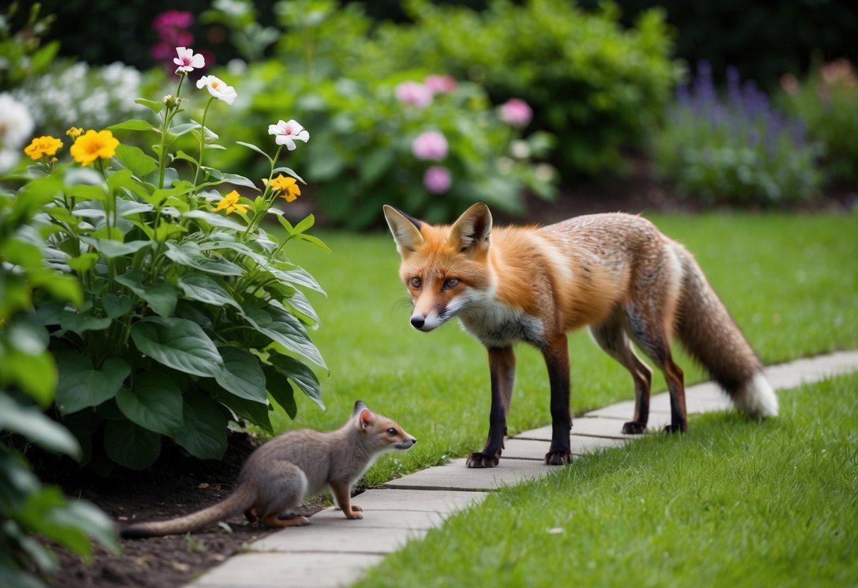 A garden with lush greenery and blooming flowers, a fox standing guard at the edge, keeping rats at bay