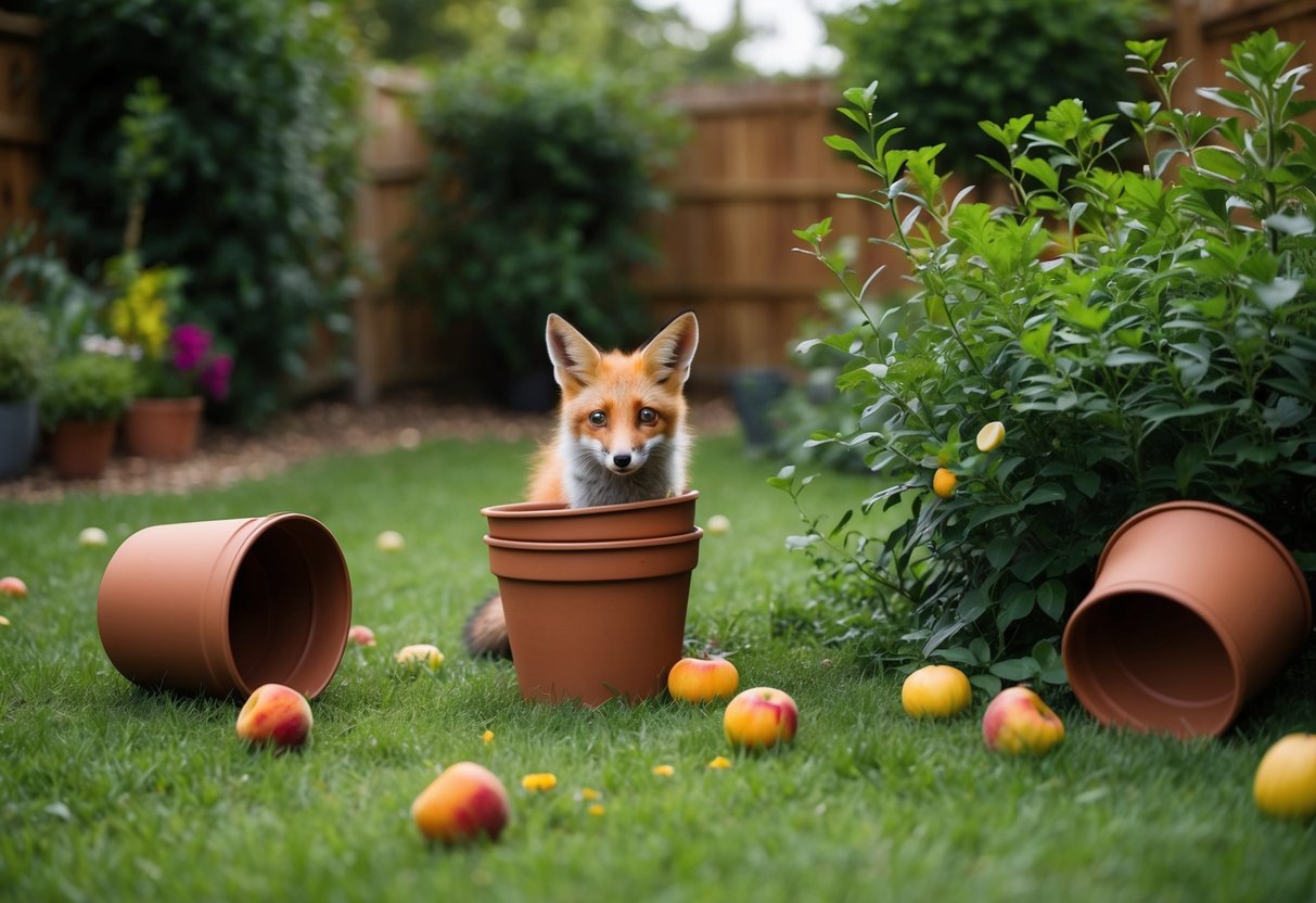 A garden with overturned pots and scattered fruits, with a curious fox peering from behind a bush