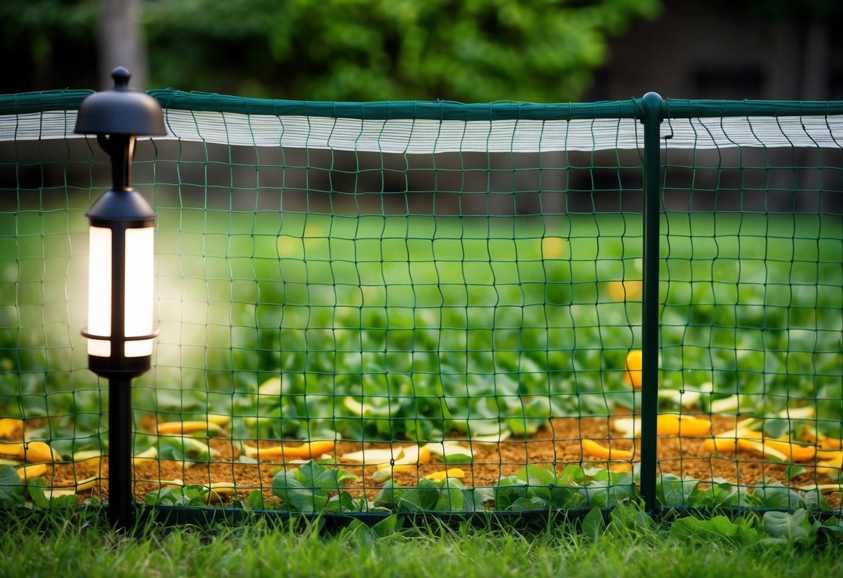 A garden with a fence topped with netting, a motion-activated light, and a scattering of citrus peels and chili powder
