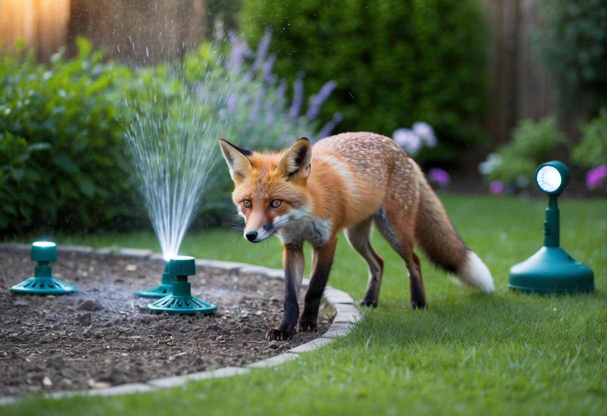 A fox approaching a garden with deterrents like motion-activated sprinklers and bright lights, while avoiding areas with strong-smelling repellents
