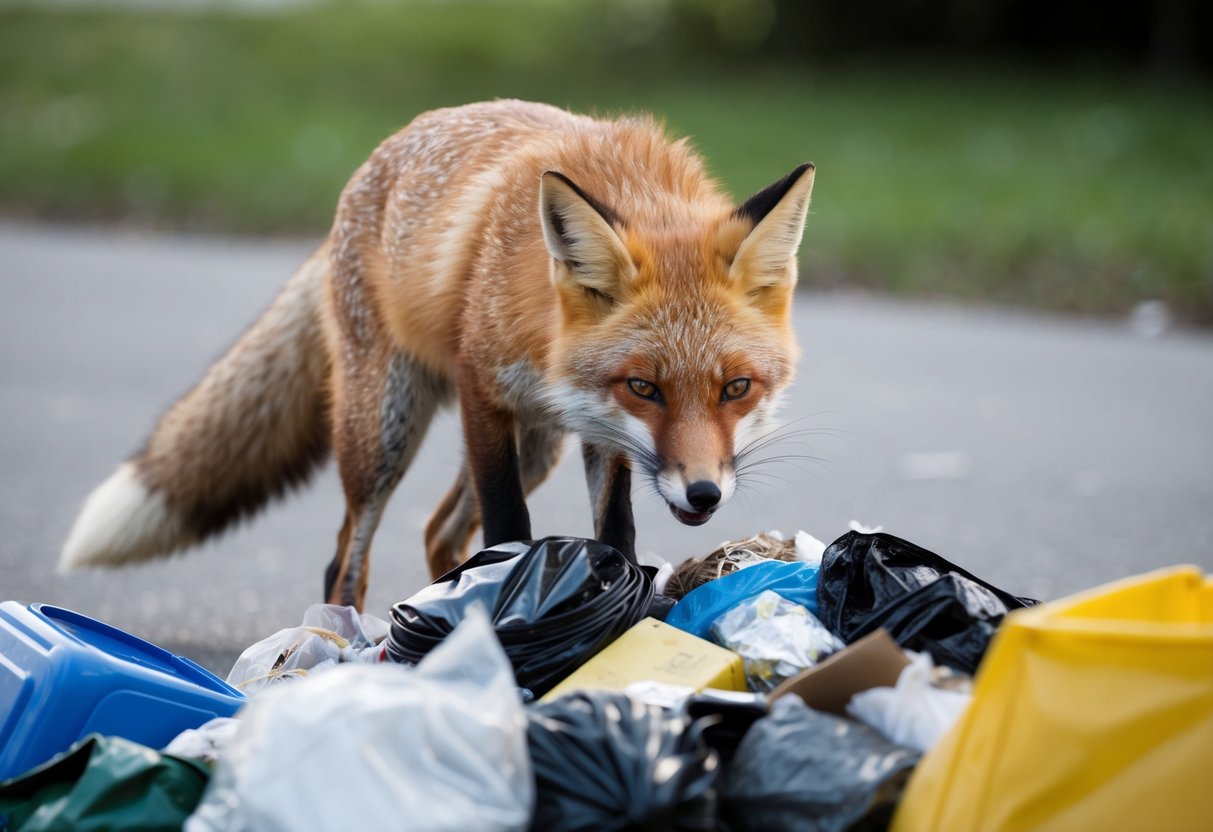 A fox recoils from a pile of garbage, its nose wrinkled in distaste