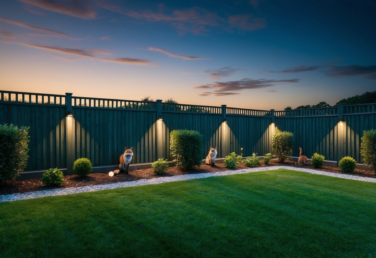 A garden with tall fences and motion-activated lights to deter foxes from entering and screaming at night
